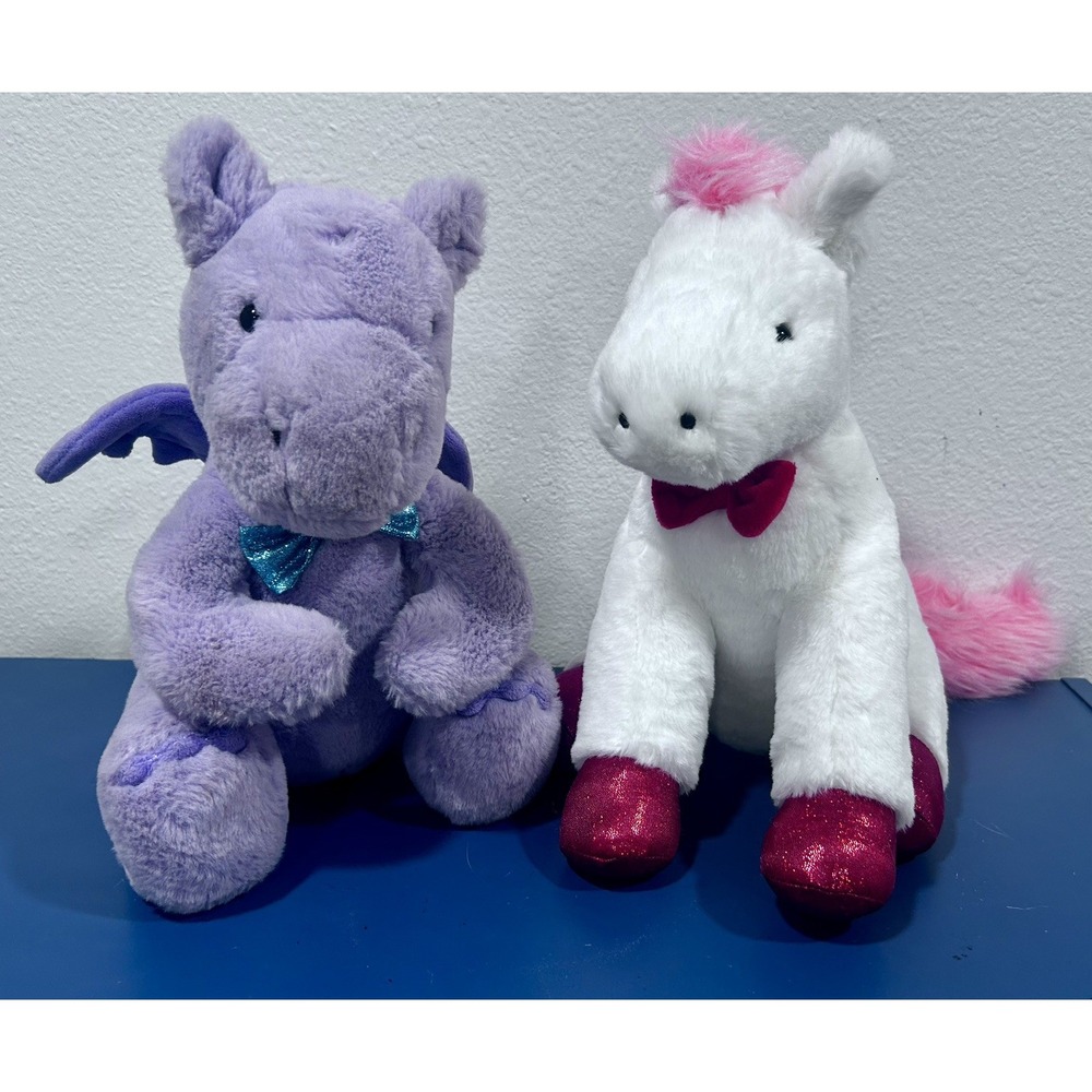 FAO Schwarz Lot of 2 Sparklers White Plush Pony Red Bow & Purple Winged Dragon